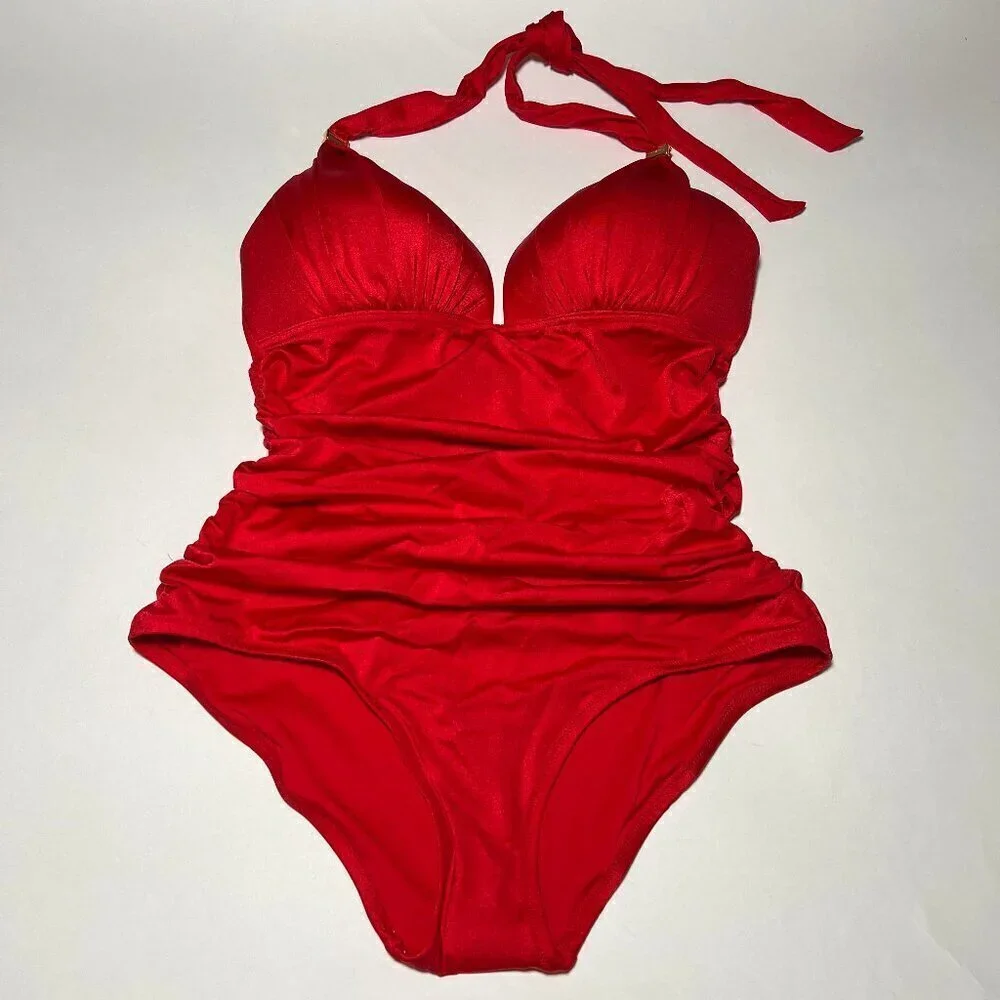 Victoria Secret Large L One Piece Swimsuit Bikini Push Up Ruched Lipstick Red